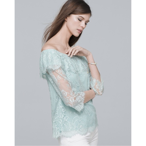 WHBM Mint Off-the-Shoulder Lace Top - Picture 2 of 9
